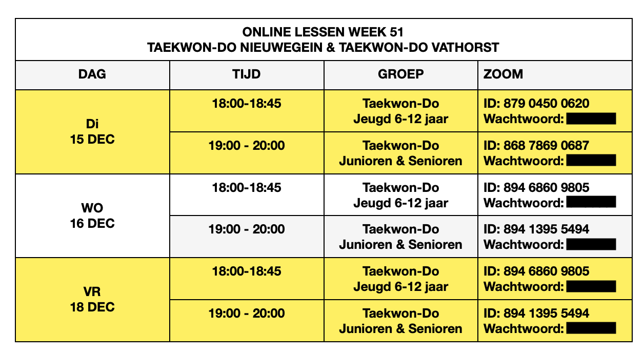 Online Lesrooster Taekwon-Do Nieuwegein & Taekwon-Do Vathorst Week 51