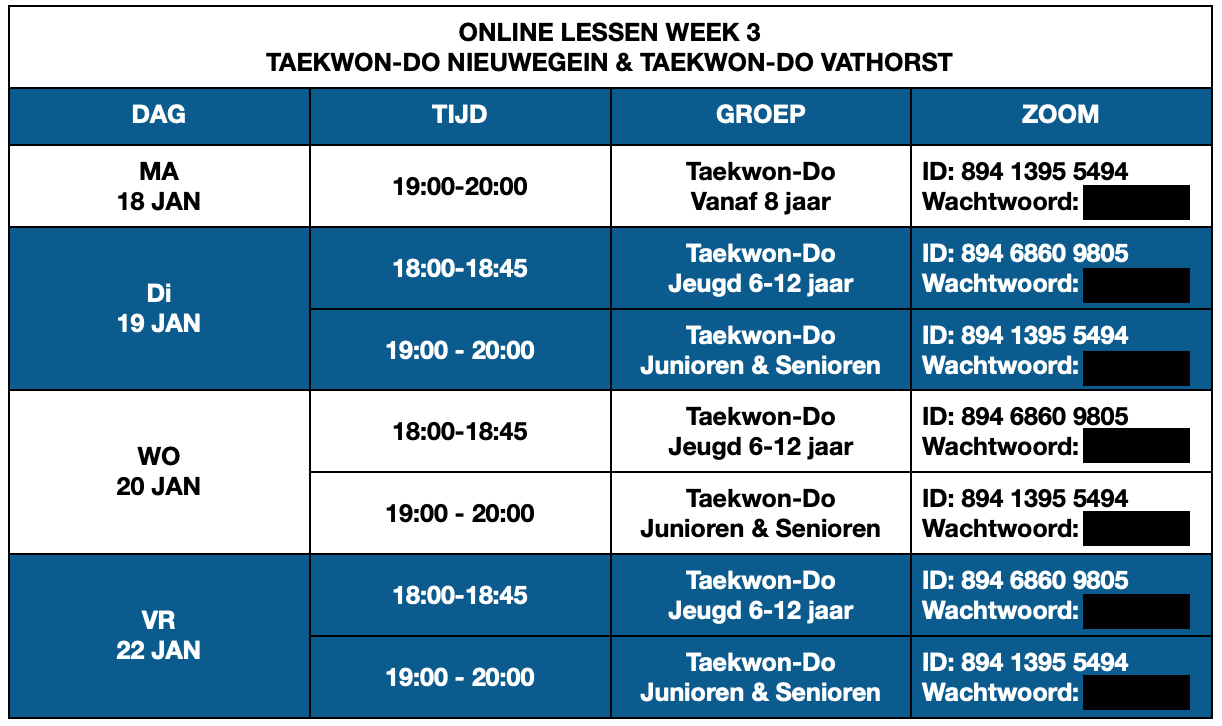 Online Lesrooster Taekwon-Do Nieuwegein & Taekwon-Do Vathorst Week 3